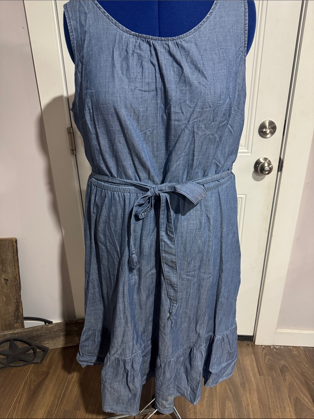 Talbots Chambray Blue Sleeveless Tie-Waist Midi Dress